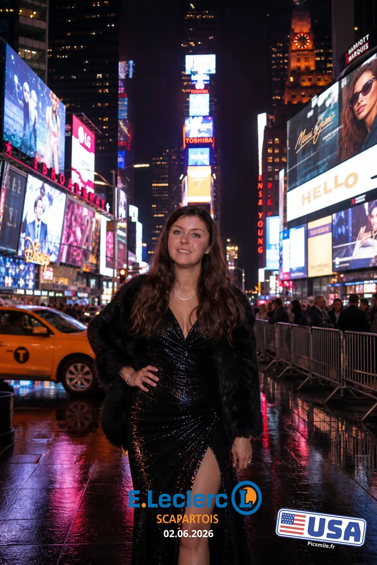 Photobooth IA New York – Expérience Times Square Photobooth IA New York avec participante dans l'ambiance lumineuse de Times Square au cœur de Manhattan.