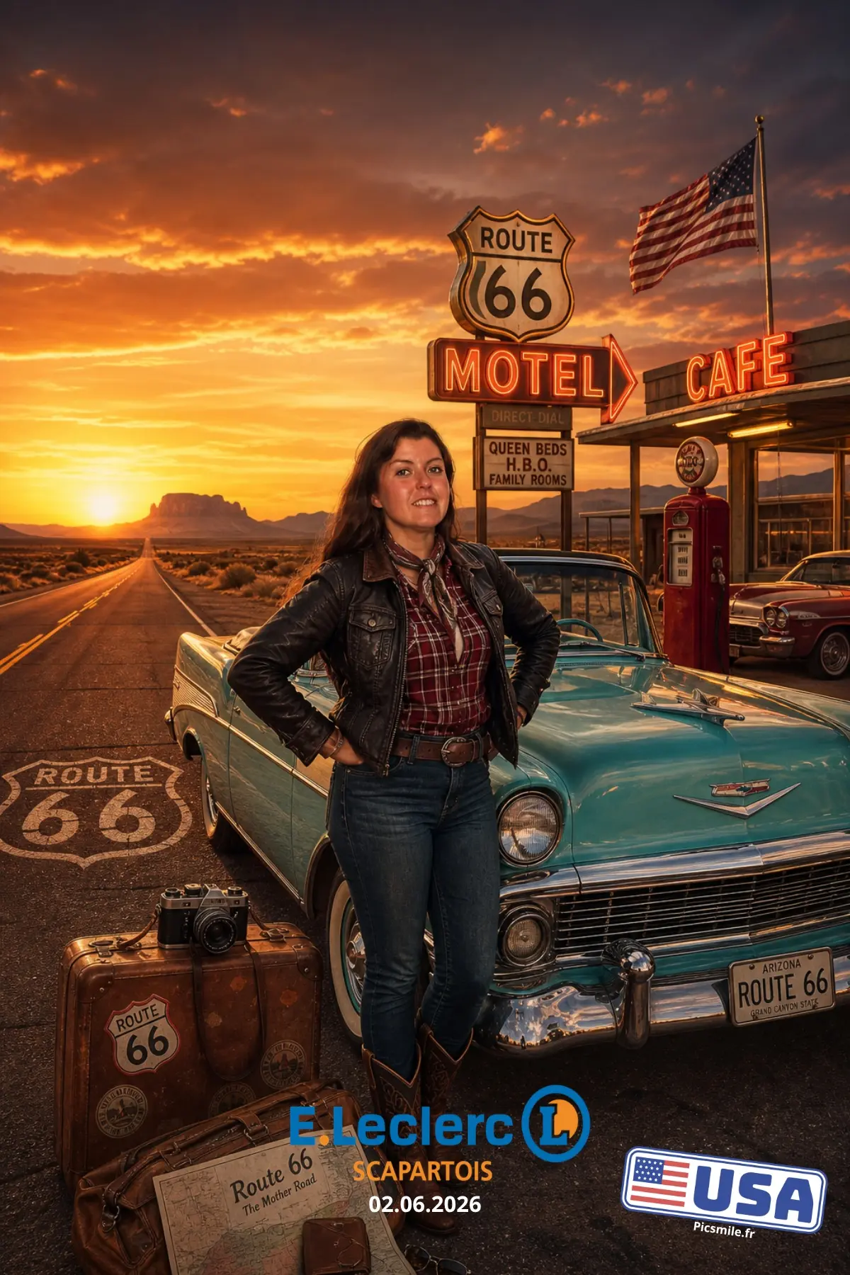Photobooth IA Route 66 – Voyage sur la mythique route américaine Photobooth IA Route 66 avec participante devant une voiture américaine vintage et un motel emblématique au coucher du soleil.
