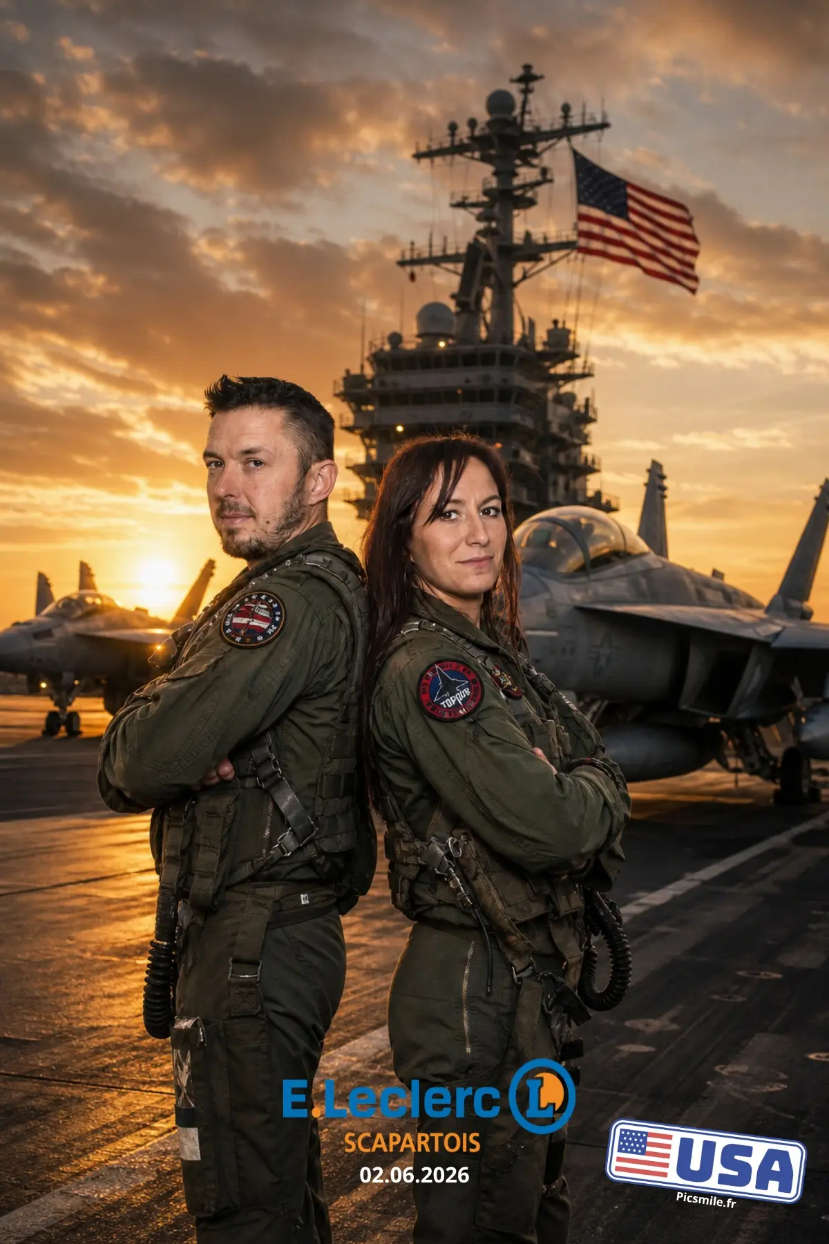 Photobooth IA Top Gun – Animation immersive événementielle Photobooth IA sur le thème Top Gun avec transformation des participants en pilotes de chasse américains sur un porte-avions.